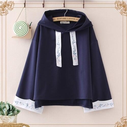 Chinese style embroidery long-sleeved sweatshirt autumn student girl hooded trumpet sleeve ancient style