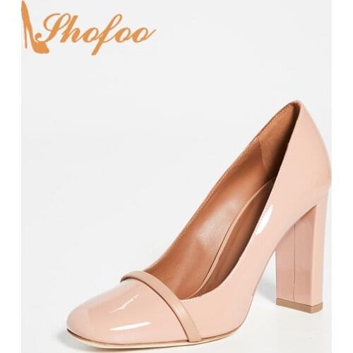 Nude Pumps High Square Heels Patent Leather Pull On Women Round Toe Large Size 12 15 Ladies Fashion Office Mature Shoes Shofoo