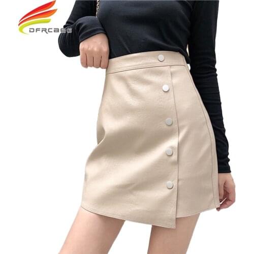 Mini Skirt 2018 Autumn Winter New Arrivals Khaki Black Leather Skirt Side Single Button Skirts Womens Korean Fashion Sexy Skirts
