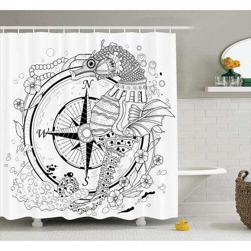 Compass Shower Curtain Giant Seashore All Over Compass in Exquisite Ornate Detailed Motifs Ocean Animal Print Bathroom Curtains