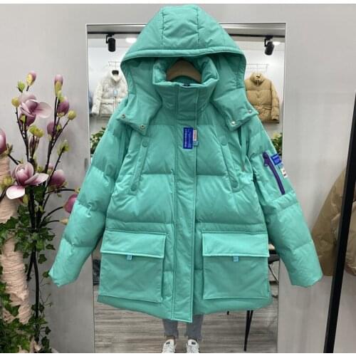 Womens Puffer Jacket 2021 New Hooded Casual Thicken Warm Loose Tooling Coat Female White Duck Down Winter Parkas Snowwear Coats