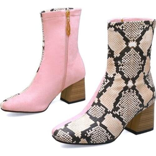PXELENA British Ankle Boots Women Patchwork Snake Print+Flock Fashion 2019 Chunky High Heels Zip Office Lady Winter Shoes 34-43