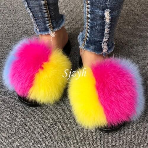 Ladies Winter Fox Fur Slippers Luxury Fluffy Slides Womens Indoor Warm Plush Home Shoes Female Furry Flip Flops Girls Sandals
