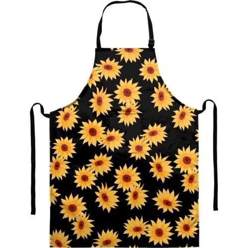 Women Lady Adult Cooking Kitchen Apron Black Yellow Floral Restaurant Home Adjustable Chef Bib Dress With Pocket