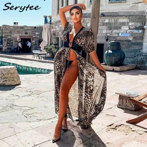 Serytee Leopard Print Chiffon Cover Up Long Dress Women 2021 Summer V Neck Short Sleeve Loose High Split Wrap Dress Beachwear