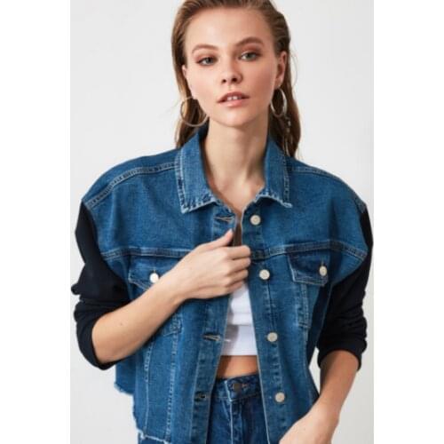 2020-2021 Winter Womens Sleeve Knitted Detailed Double Pocket Loose Fit Denim Jeans Jacket 100Cotton Casual Fashion