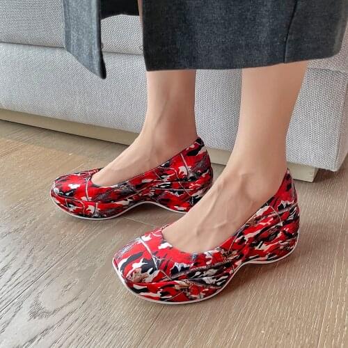 2021 Fashion Spring Summer Women Platform Shoes Woman High Heels Genuine Leather Wedges Ladies Pumps Dress Shoes Red Blue34-39