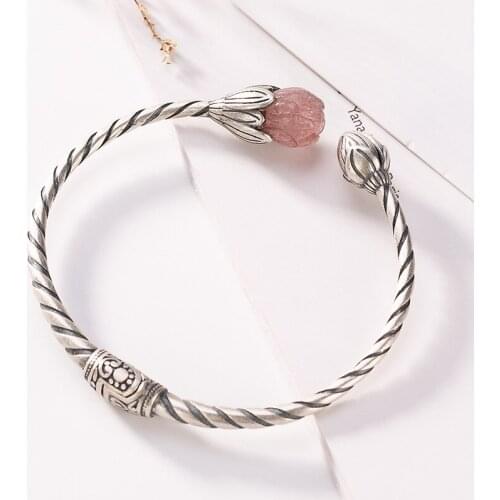 Real Solid 925 Sterling Silver Lotus Bangles for Women Strawberry Quartz Flower Open Bangle Thai Silver Twist Bracelets Jewelry