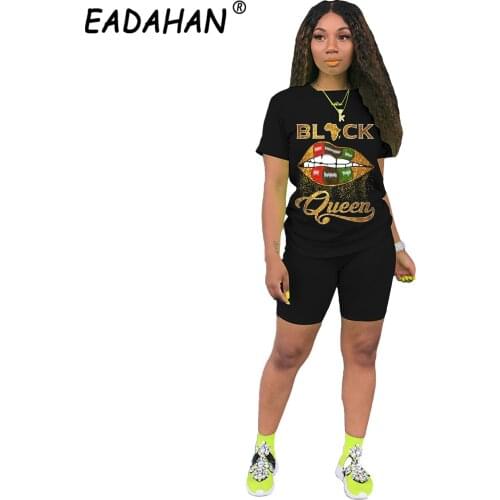Eadahan 2021 Summer Fashion Casual Suit Lips Queen Printed Short Sleeve Two Piece Suit Straight Leg Shorts