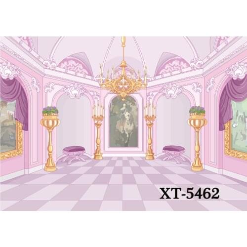 HUAYI Backdrop Cartoon Fairy Tale Alcazar Medieval Kingdom Castle Princess Pink Mysterious House With Flag Gate Photo Background