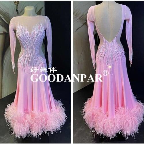 GOODANPA ballroom dance competition dresses women performance Pink Sexy Long Sleeve ostrich feather pink bigopen back