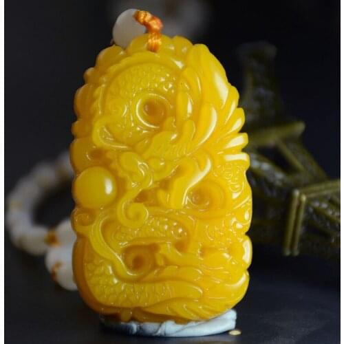 Chinese Beautiful Natural Yellow Jade Hand-Carved Dragon Luck Amulet Pendant