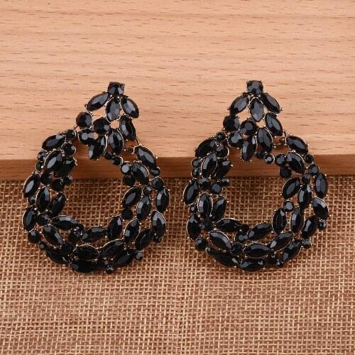 Fashion Black Crystal Drop Earrings For Women Geometric Round Rhinestone Big Flower Statement Earrings 2021 Jewelry Gifts