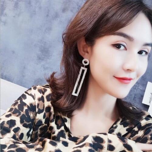 Fashion rhinestone long earrings crystal hollow geometric rectangular earrings ladies personality hanging earrings