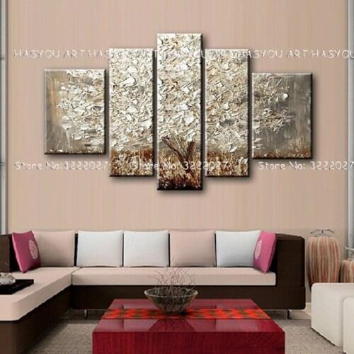 5 Pieces Modern Flower Silver Tree Canvas Art Oil Painting s Modular Hand painted Wall Pictures For Living Room Decoration