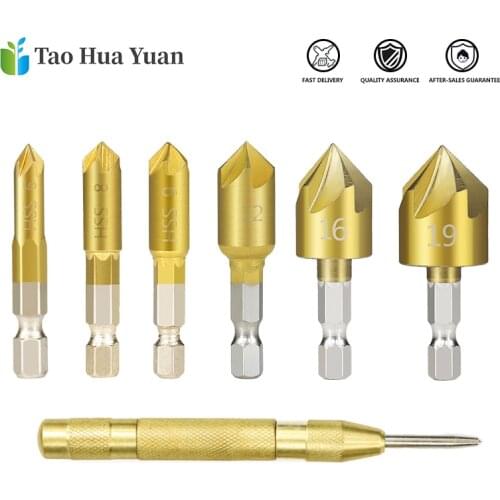 7pcs Hex Shank Countersink Drill Bit 6-19mm Set Titanium Coated 5 Flute Hole Drill 90 Degrees Wood Chamfering Cutter Tools Set A