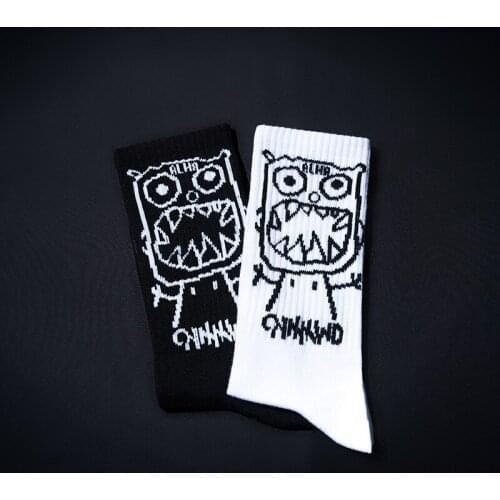 Cartoon Men Print Pattern White Black Hip Hop Breathable Mid Tube Socks Skateboard Short Socks Harajuku Mens Soks Calcetines Sox