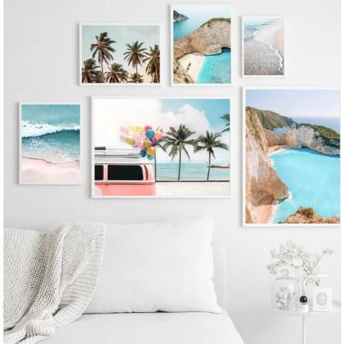 Shell Palm Tree Leaf Pink Car Flamingo Nordic Posters And Prints Wall Art Canvas Painting Wall Pictures For Living Room Decor