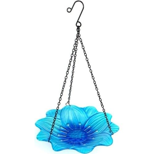 Luxury AnimalHanging Bird Bath Blue Flower Glass Bowl Feeder for Garden Yard and Patio and Bathroom Accessories for Bird