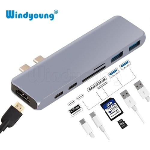7 in 1 Daul USB 3.1 Type C HUB with 4K HDMI Thunderbolt 3 Type C PD Charging Adapter SD/TF Card Reader USB 3.0 Hub for MacBook