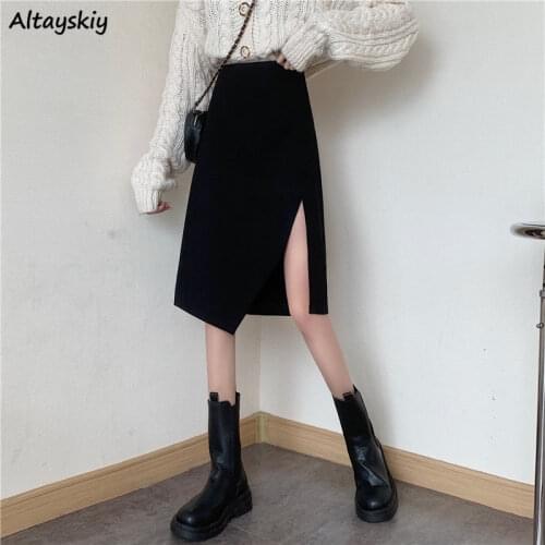 Irregular Skirts Women Korean Style Chic Side-slit Thick All-match Slim Faldas Mujer Ulzzang Elegant Spring Autumn Leisure Cozy