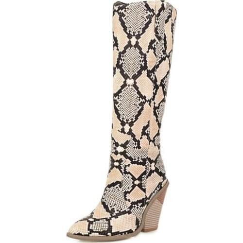 Women Knee High Boots Runway Pointed Toe Winter Warm Motorcycle Boots Python Snake Pattern Chunky Heels Botas Mujer 2020 Fashion