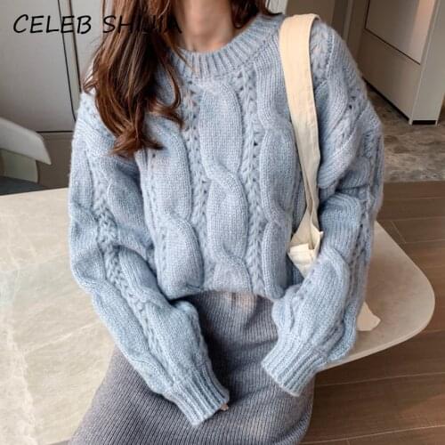 2021 New Winter Twist Womans Sweaters Thicken O-neck Full-sleeve Apricot Solid Blue Knit Jumper and Pullover Ladies Fall