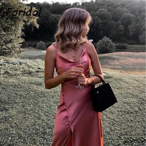Foridol Spaghetti Strap Satin Summer Dress Women Button V Neck Party Dress Long Side Split Silk Maxi Blue Vintage Dress Black