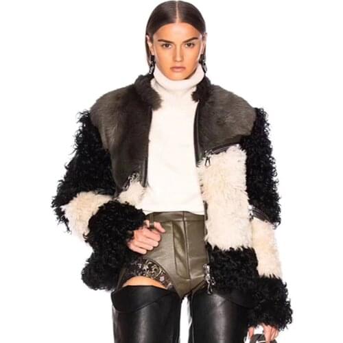 Natural Fur Coat Short 2020 Runway Style Women Real Lamb Fur Coat Stiching Fox Fur Motorcycle Jacket Genuine Leather