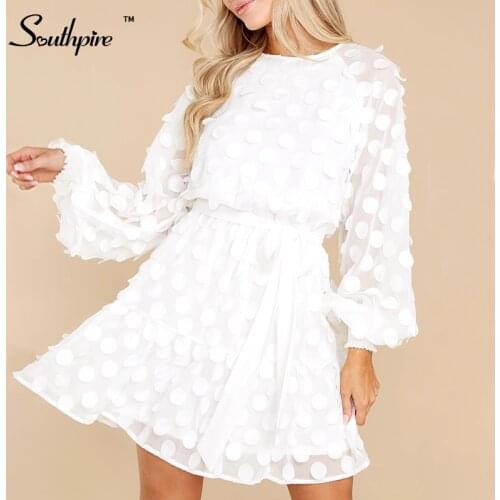 Southpire Long Puffy Sleeves Stylish Polka Dot White Dress Womens Holow Out Elegant Party Dress Autumn Winter Ladies Clothes