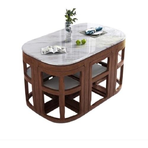 1.3m Modern simple type light walnut color dining table and chair combination with 6 chairs and solid wood table top