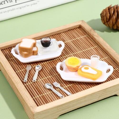 1 Set 1:12 Dollhouse Miniature Breakfast Set Hamburger Croissant Toast Egg Coffee with Tray Kitchen Food Accessories Kids Toys