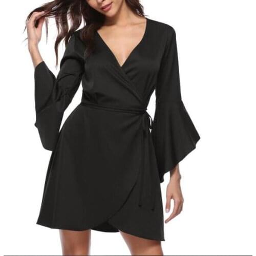 1 piece Women Butterfly latern Sleeve Solid V-Neck Dress Ladies Casual Loose Ruffle Black Dress vestido feminino