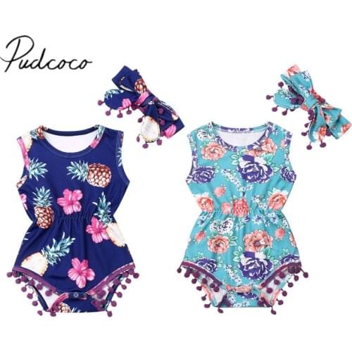 2019 Baby Summer Clothing Infant Newborn Baby Girl Boy Tassel Bodysuits Headband Pineapple Outfit Sleeveless Floral 2pc Jumpsuit
