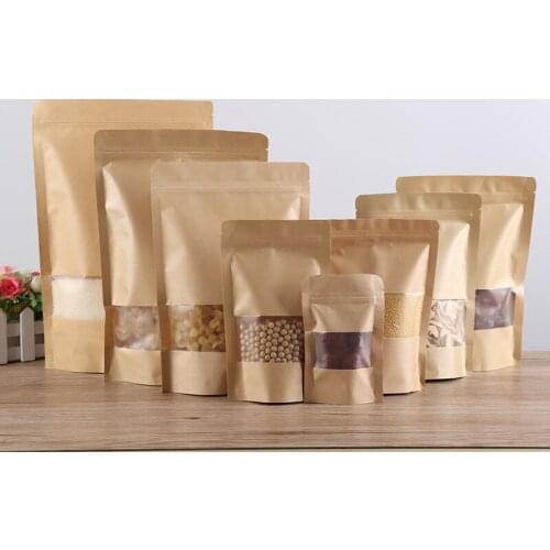 9x14 10x15 15x22 18x26cm Kraft Paper Matte Window Zipper Bag 50pcs Brown Reusable Self-sealing Candy Bread Cookie Gift Bag