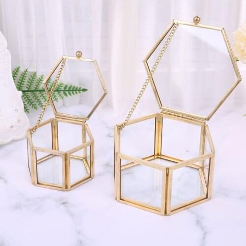 B0KB Nordic Hexagon Transparent Glass Wedding Ring Box Eternal Flower Storage Innovative Home Decoration