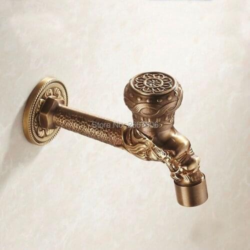 Free Shipping European Style Art Carved Antique Brass Finish Washing Machine Faucet Single Handle Wall Mounted Bibcock Tap GI126