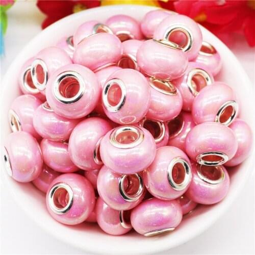 10Pcs Pink Muranos Charm Big Hole Round Spacer Beads With Silver Plate Cores Fit Pandora Bracelet Snake Chain DIY Female Jewelry