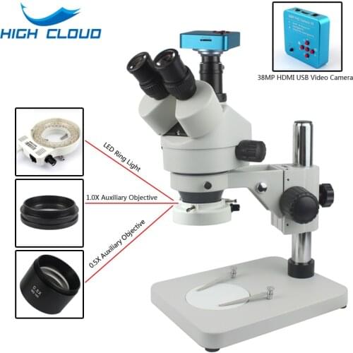 38MP 60FPS 2K 1080P HDMI digital camera 7-45X trinocular stereo microscope LED adjustable light source phone repair