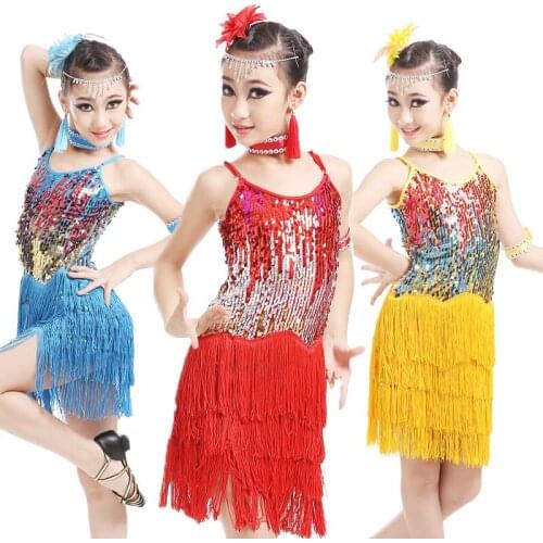 Kids Girls Sequined Latin Ballroom Dance Dress Dancewear Fringe Skirts Latin Stage Dance Costume