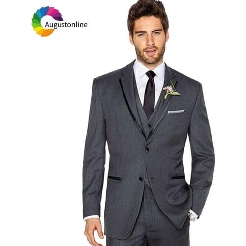 Drak Grey Men Suits for Wedding 2019 Slim Fit Groom Tuxedos Groomsmen Suit 3 Pieces Jacket Pants Vest Best Man Blazer Ternos