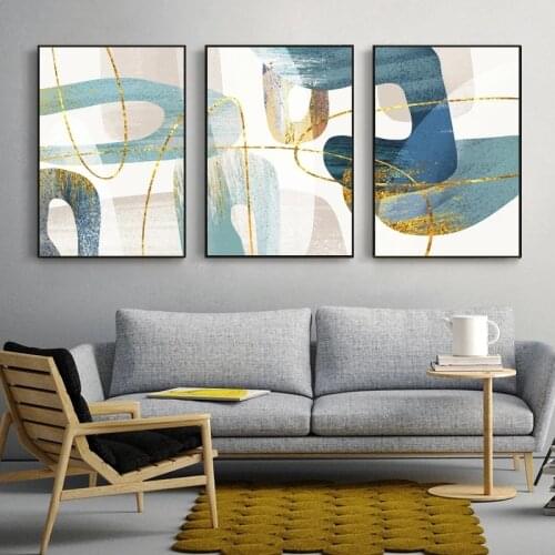 Blue Green Yellow Gold Line Leafs Abstract Posters Nordic Canvas Print Wall Art Painting Modern Picture Living Room Decoration