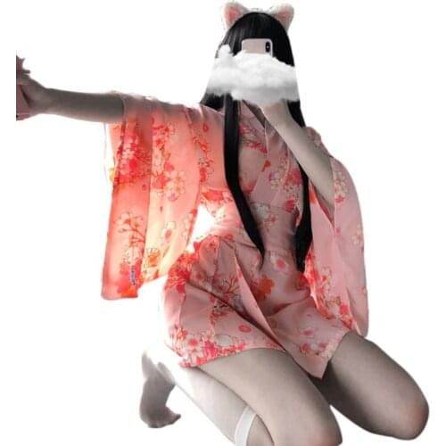 Women Japanese Sexy Short Kimono Yukata Floral Cat Print Lolita Anime Bathrobe Cosplay Lingerie Bowknot Nightgown