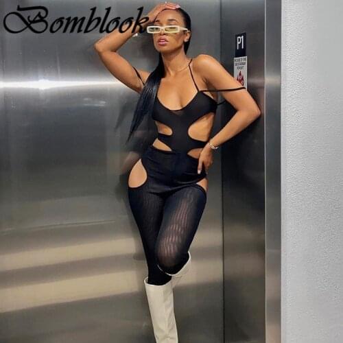 Bomblook Sexy Party Club Jumpsuits For Women Summer 2021 Solid Cut Out See Through Backless Mesh Jumpsuits Female Streetwears