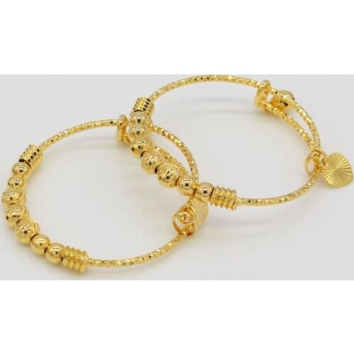 2 Piece 18K Gold Baby Kids Bell Bangle & Bracelet Children Jewelry Gift (Diameter:45mm)