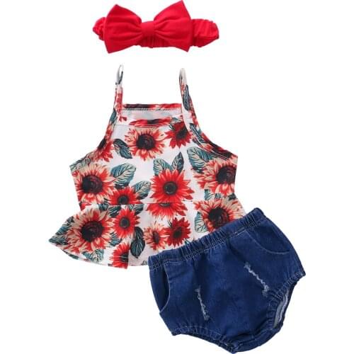 Infant Kids Baby Girls Summer Casual Sunflower Print Sleeveless Top + Solid Color Pants + Headband 3pc Flroal Clothes Set 0-24M