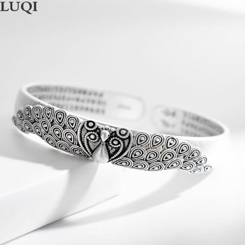 Fashion Womens S925 Vintage Thai Silver Carved Peacock Personality Open Bracelets SZ0221