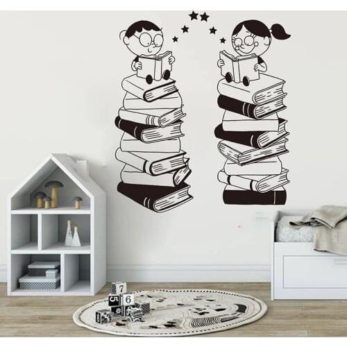 Cartoon Classroom Child Read Book Wall Sticker Library School Large Book Kids Wall Decal Bedroom Vinyl Decor