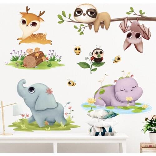 Cartoon Animal Forest Wall Stickers Kids Room Nursery Wall Decoration Aesthetics Elephant Hippo Deer Bedroom Decor Art Wallpaper
