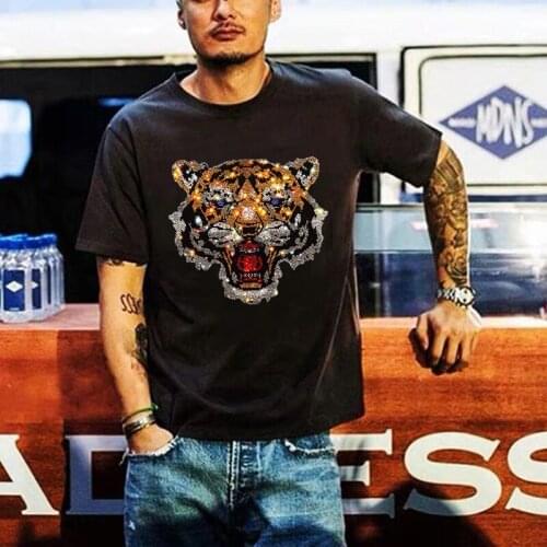 Mens T-Shirt Summer Quality Cotton O-Neck Tees Skull Hot Drilling Rhinestone Design Sparkling Style Plus Size Short Sleeve 5 XL